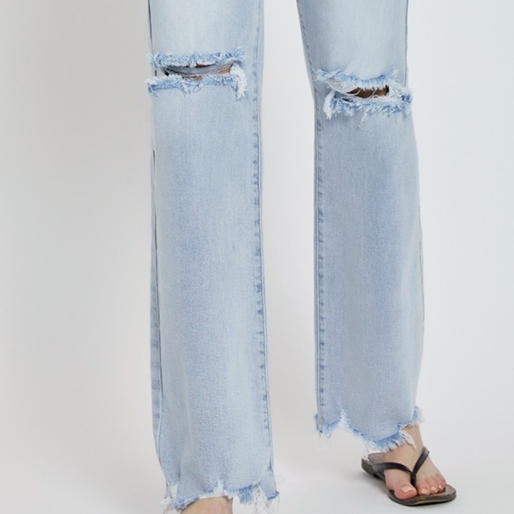 RISEN Distressed High-Rise Jeans Retro Straight Wide Leg Classic Denim Pants - Picture 7 of 16